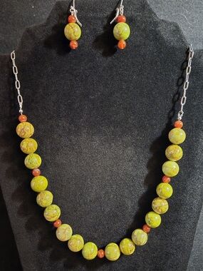 Artisan Lime Green Sea Sediment Jasper and Carnelian Necklace & Earring Set